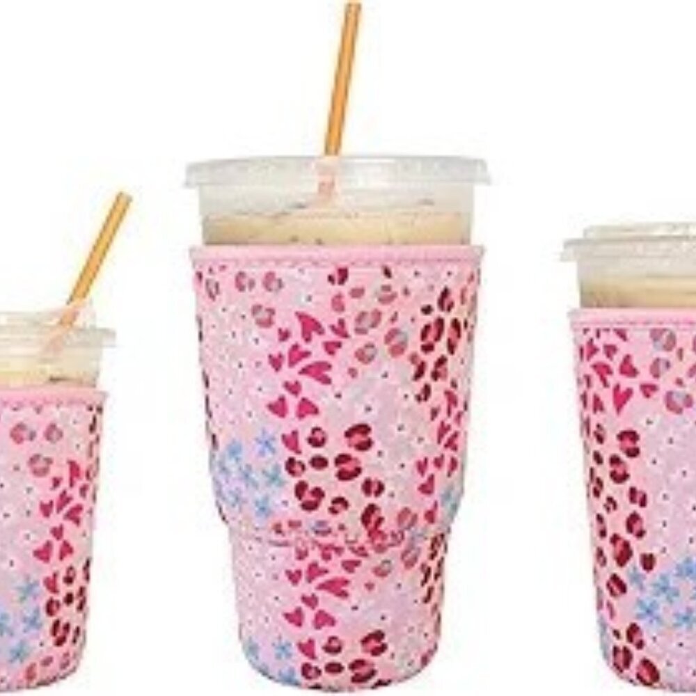 Xumbtvs 3 Pack Reusable Iced Coffee Sleeves – (Pink Leopard print)